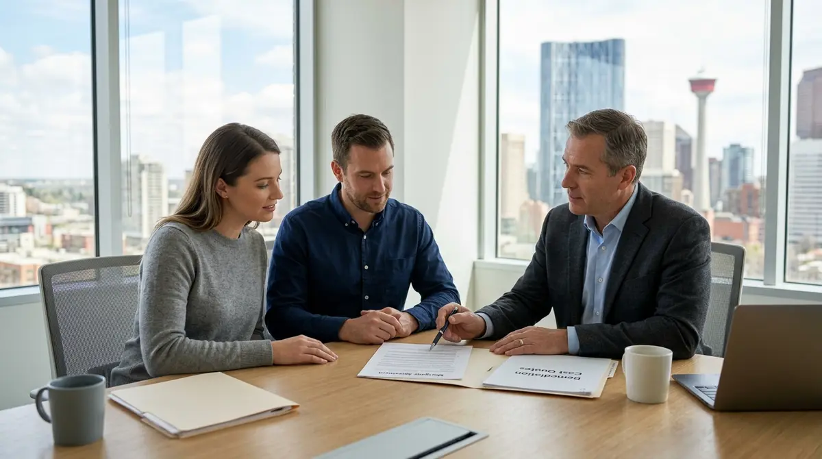 Calgary homeowner reviewing mortgage documents and remediation quotes with a financial advisor