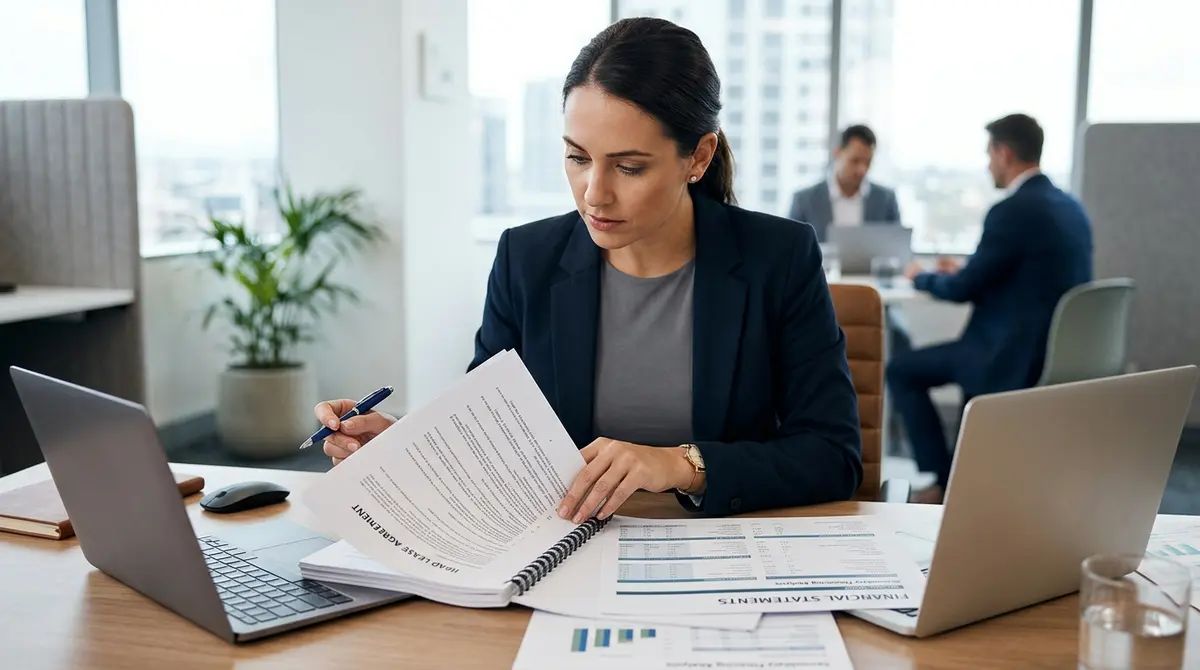 Mortgage broker reviewing head lease documents and financial statements for secondary financing