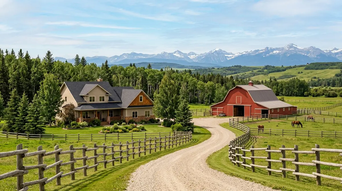 A picturesque rural acreage property near Calgary featuring a house, a large barn, and wooden fencing