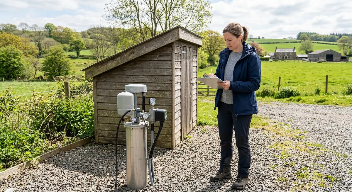 A professional real estate appraiser inspecting a rural property well system with a clipboard in hand