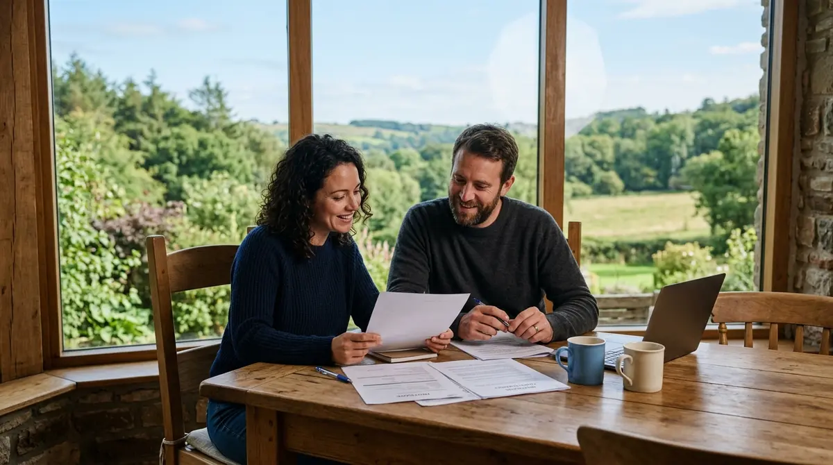 A couple reviewing mortgage documents at a rustic wooden table with a view of their acreage through the window