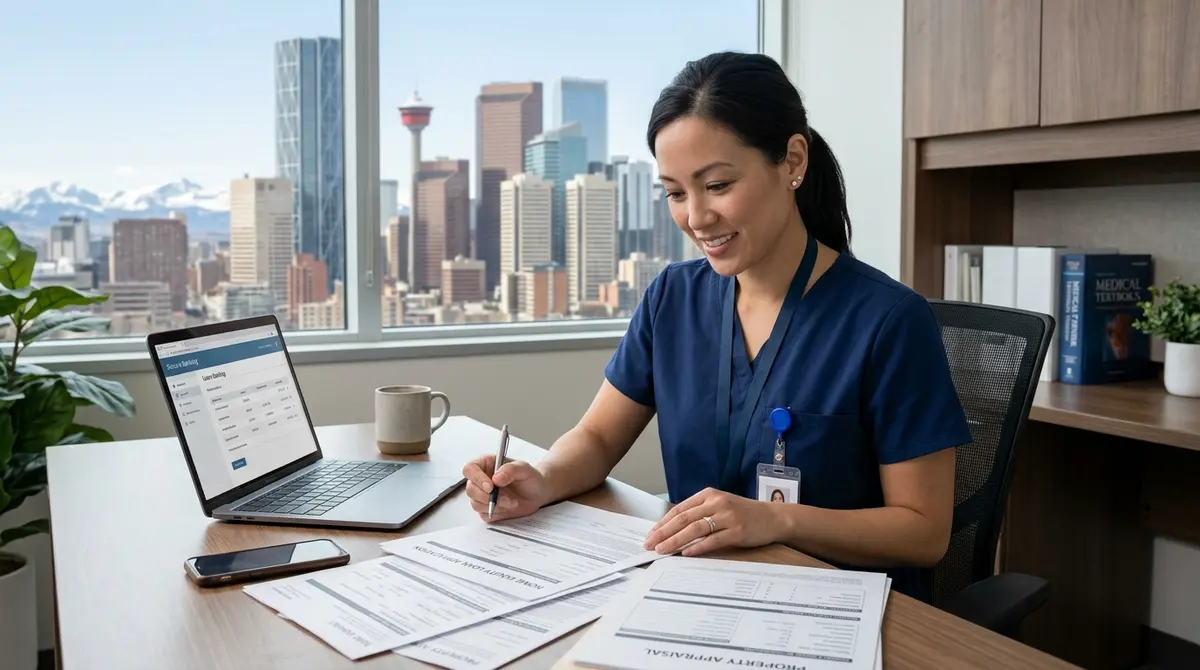 Calgary medical professional reviewing financial documents for a home equity loan