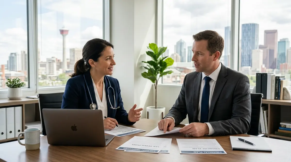 Calgary doctor consulting with a mortgage broker about home equity tax deductions