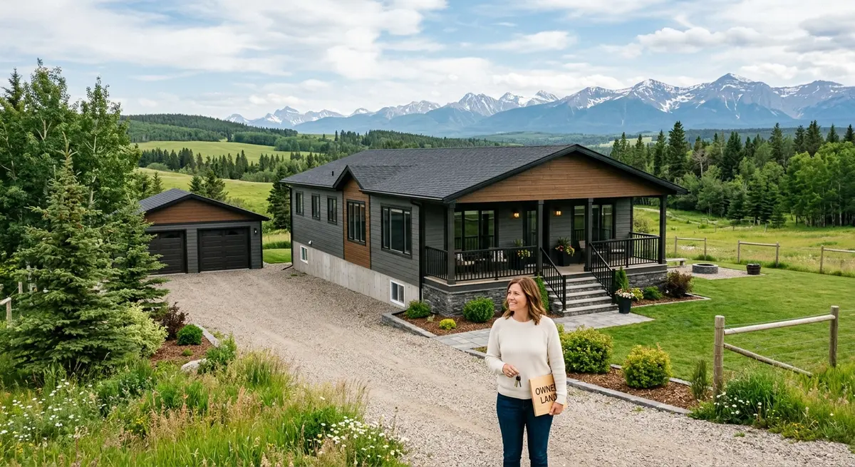 A modern manufactured home on a permanent foundation in rural Alberta, demonstrating owned-land real estate