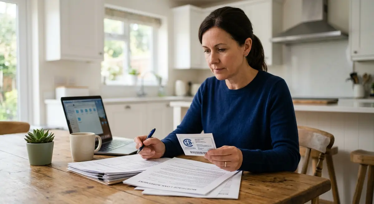 A homeowner reviewing mortgage documents and CSA certification labels at their kitchen table
