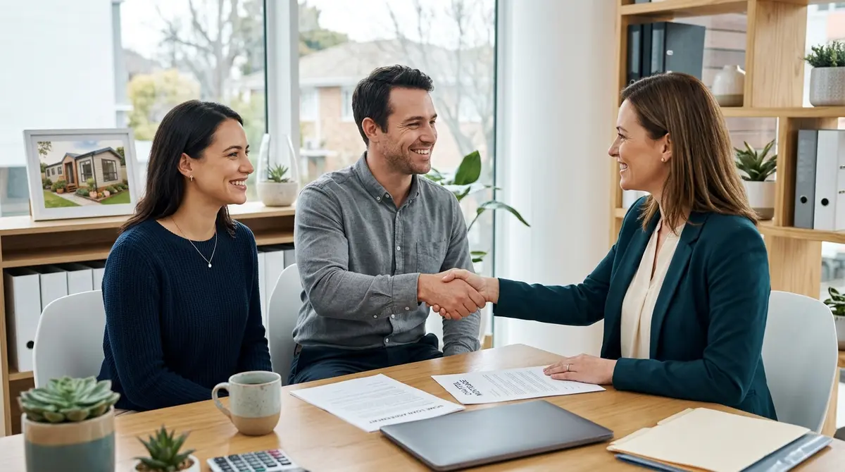 A couple shaking hands with a mortgage broker after successfully securing a chattel loan for their manufactured home