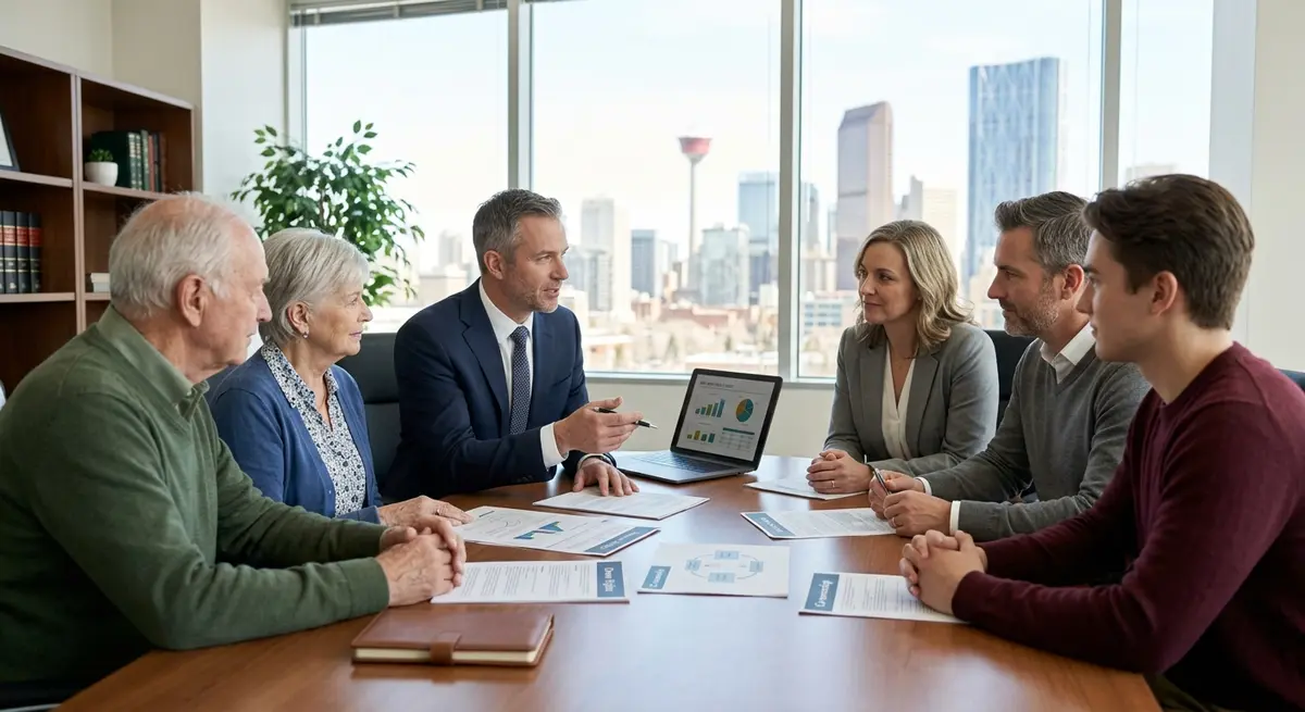 A family reviewing legal co-ownership documents and a second mortgage contract at a dining table in Calgary