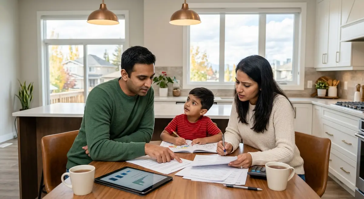 A new Canadian family reviewing home equity financing documents at a kitchen table in Calgary