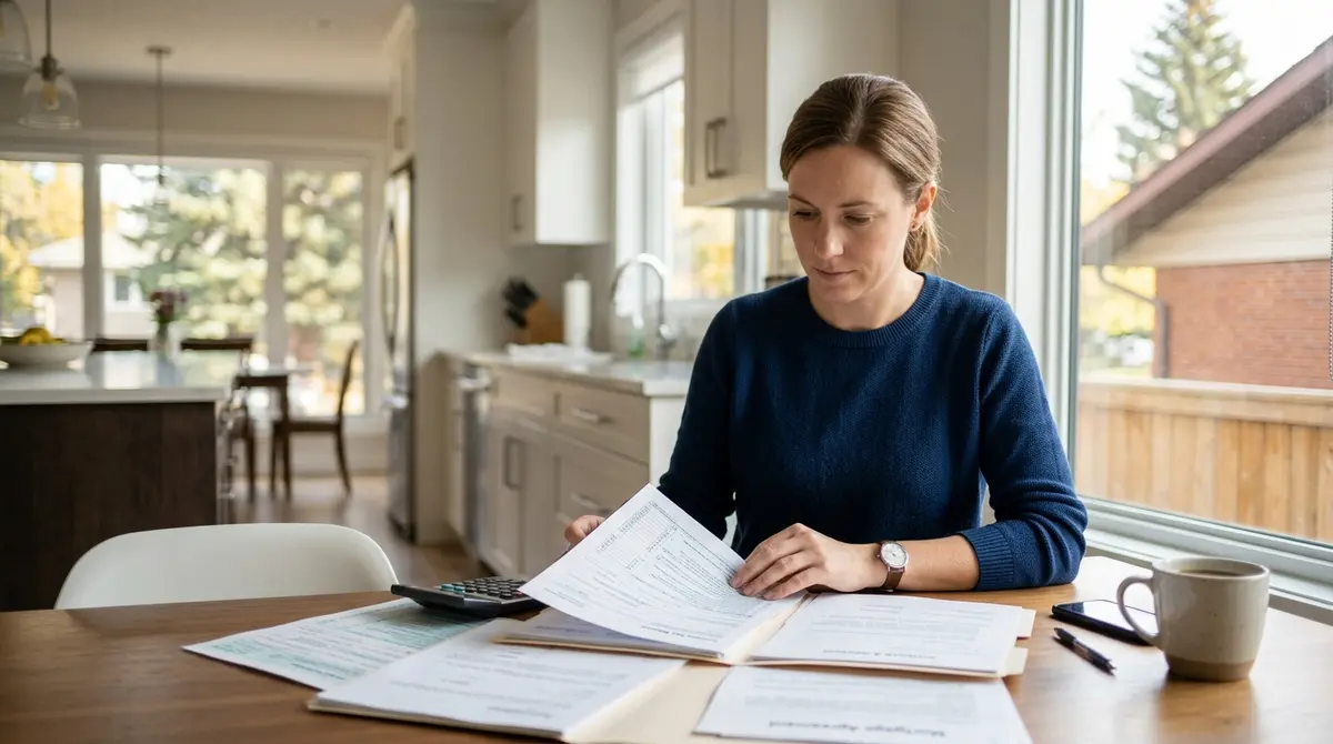 Alberta homeowner reviewing CRA tax documents and mortgage paperwork at a kitchen table