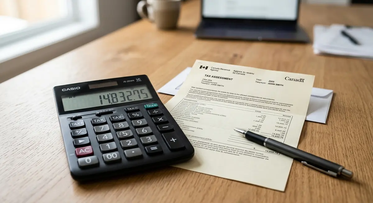 Close up of a calculator, CRA tax assessment letter, and a pen on a wooden desk