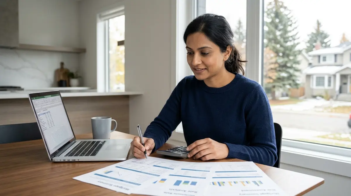 Calgary homeowner reviewing financial documents and risk management strategies for a variable rate mortgage