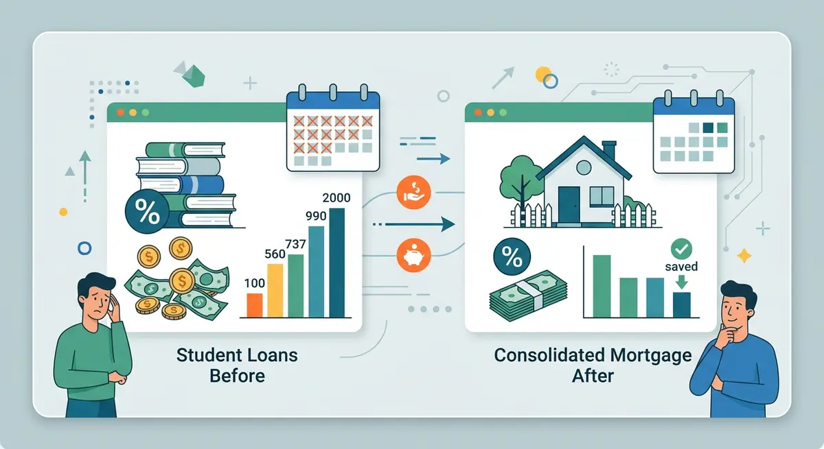 A Calgary homeowner reviewing financial documents and student loan statements at a dining table