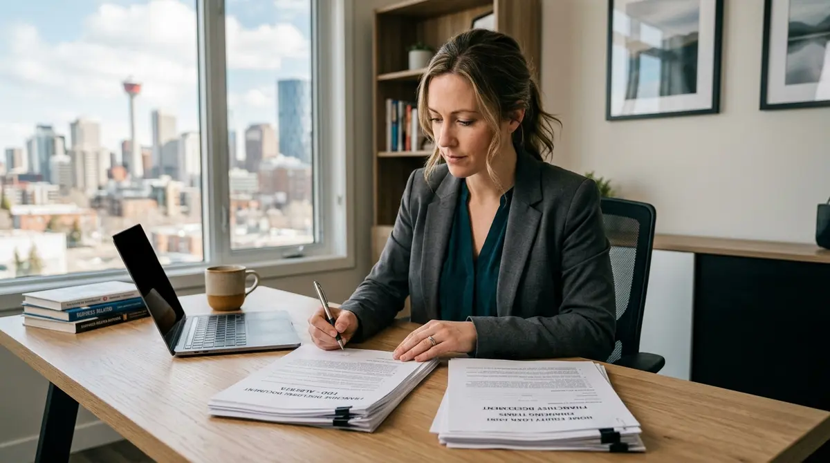 Entrepreneur reviewing franchise disclosure documents and home equity loan paperwork in Alberta