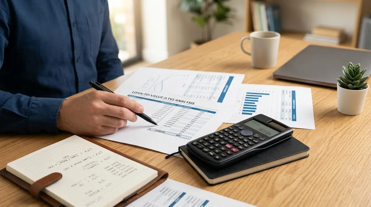 Financial documents and a calculator on a desk representing loan-to-value calculations