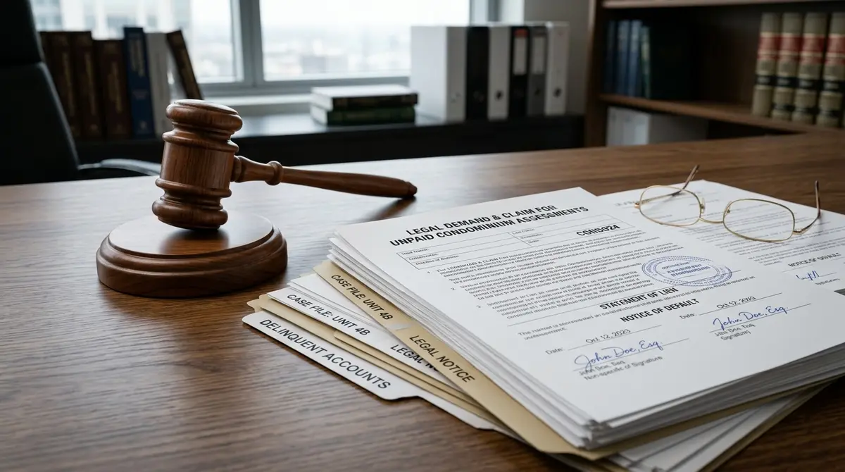 Gavel and legal documents representing the legal risks of unpaid condominium assessments