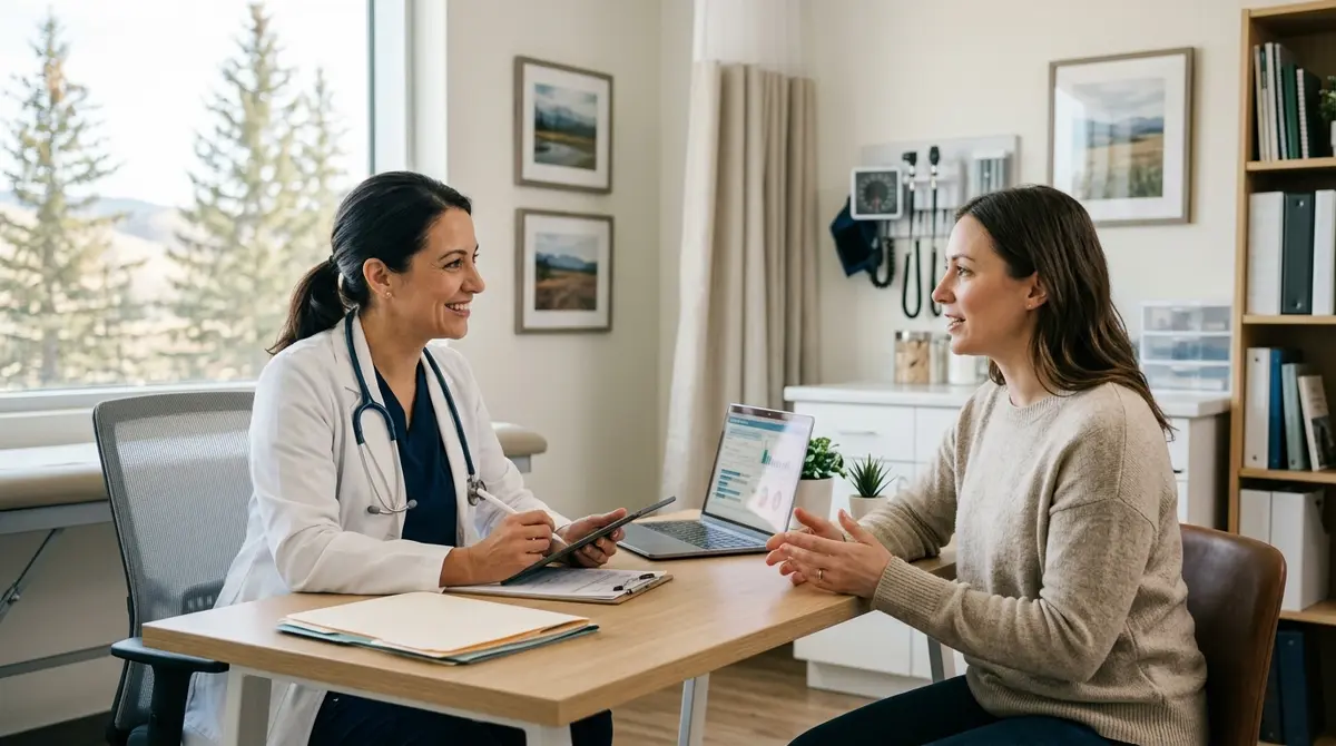 A medical professional consulting with a patient in an Alberta clinic