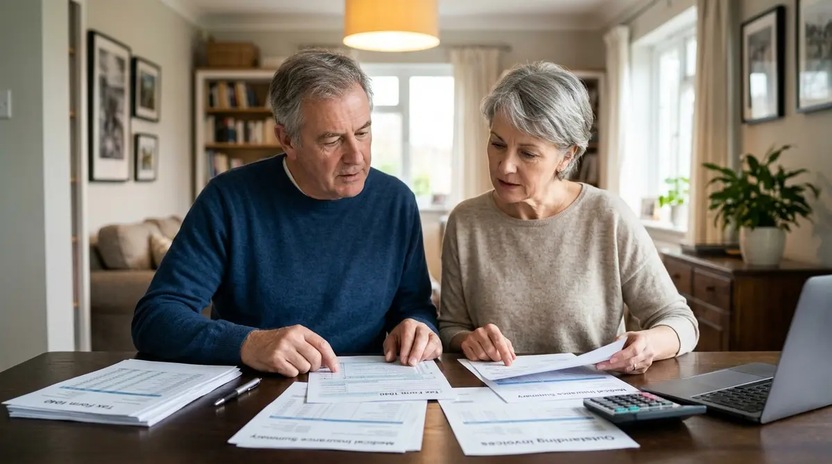 A mature couple reviewing medical bills and tax documents at their dining table