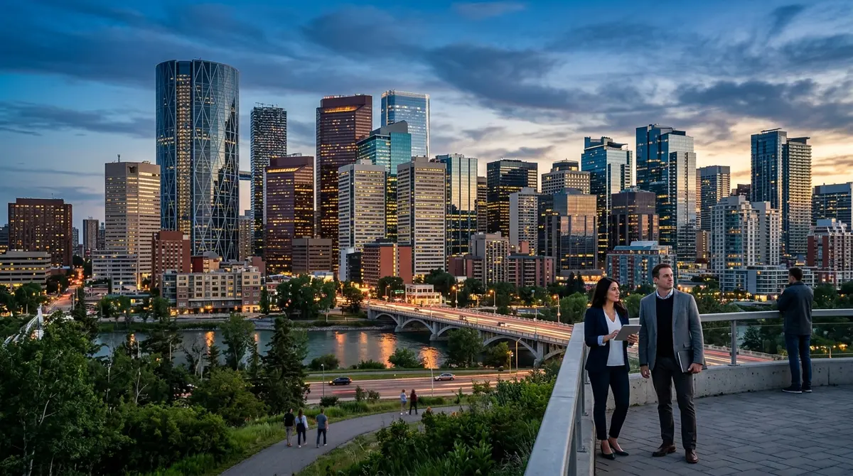Calgary skyline with oil and gas corporate buildings during a 2026 economic transition