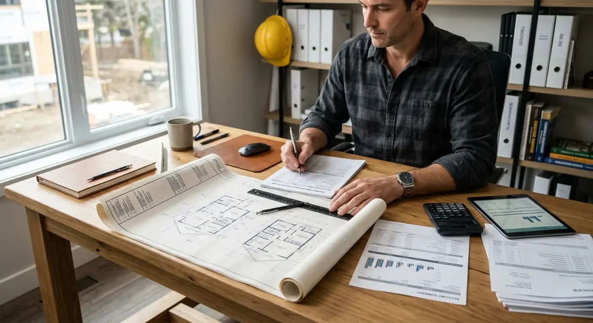 Financial documents and blueprints on a desk representing alternative income verification for contractors