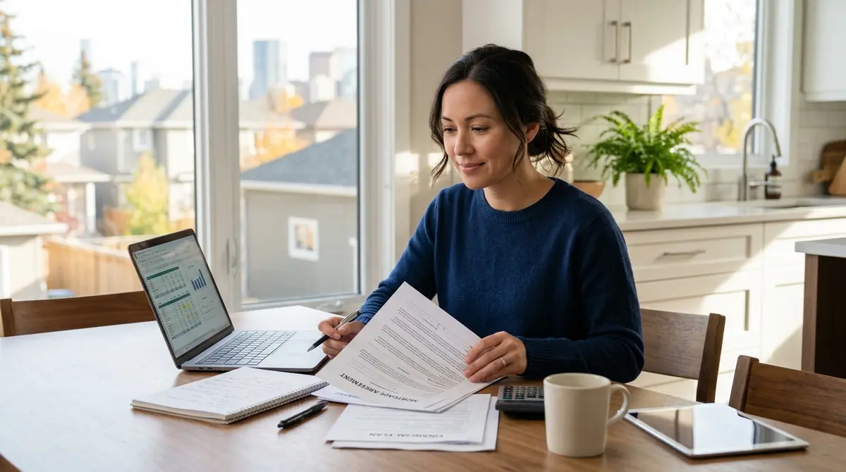 Calgary homeowner reviewing mortgage documents and financial plans at the kitchen table