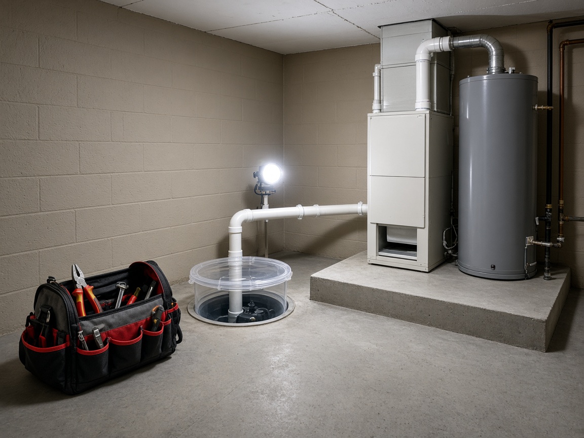 Basement with a new sump pump pit and a furnace and water heater raised on a concrete platform as flood resilience work