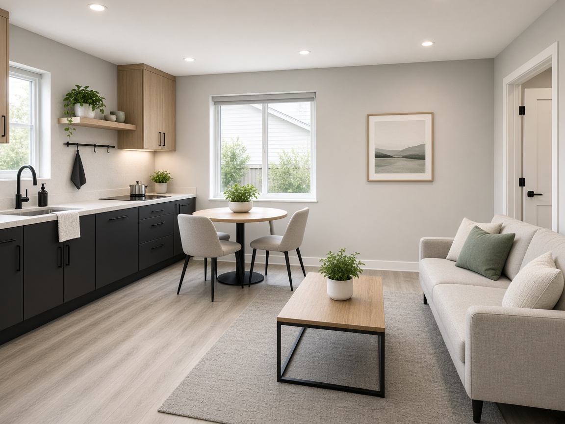 Bright, tidy basement suite with a kitchen, dining table and living area, ready for a home equity appraisal visit