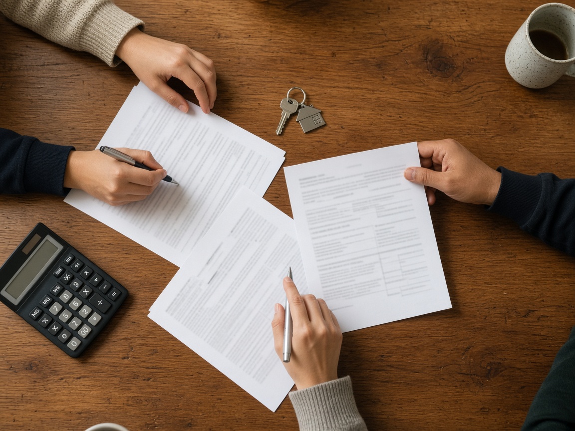 Co-owners' hands working through shared mortgage paperwork with a calculator and house keys on a wooden table