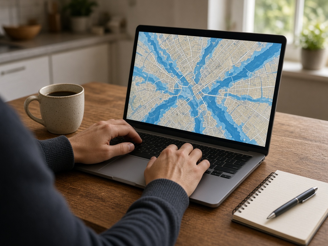 Homeowner at a kitchen table checking a blue-shaded flood map on a laptop to see whether the home sits in the floodway or flood fringe