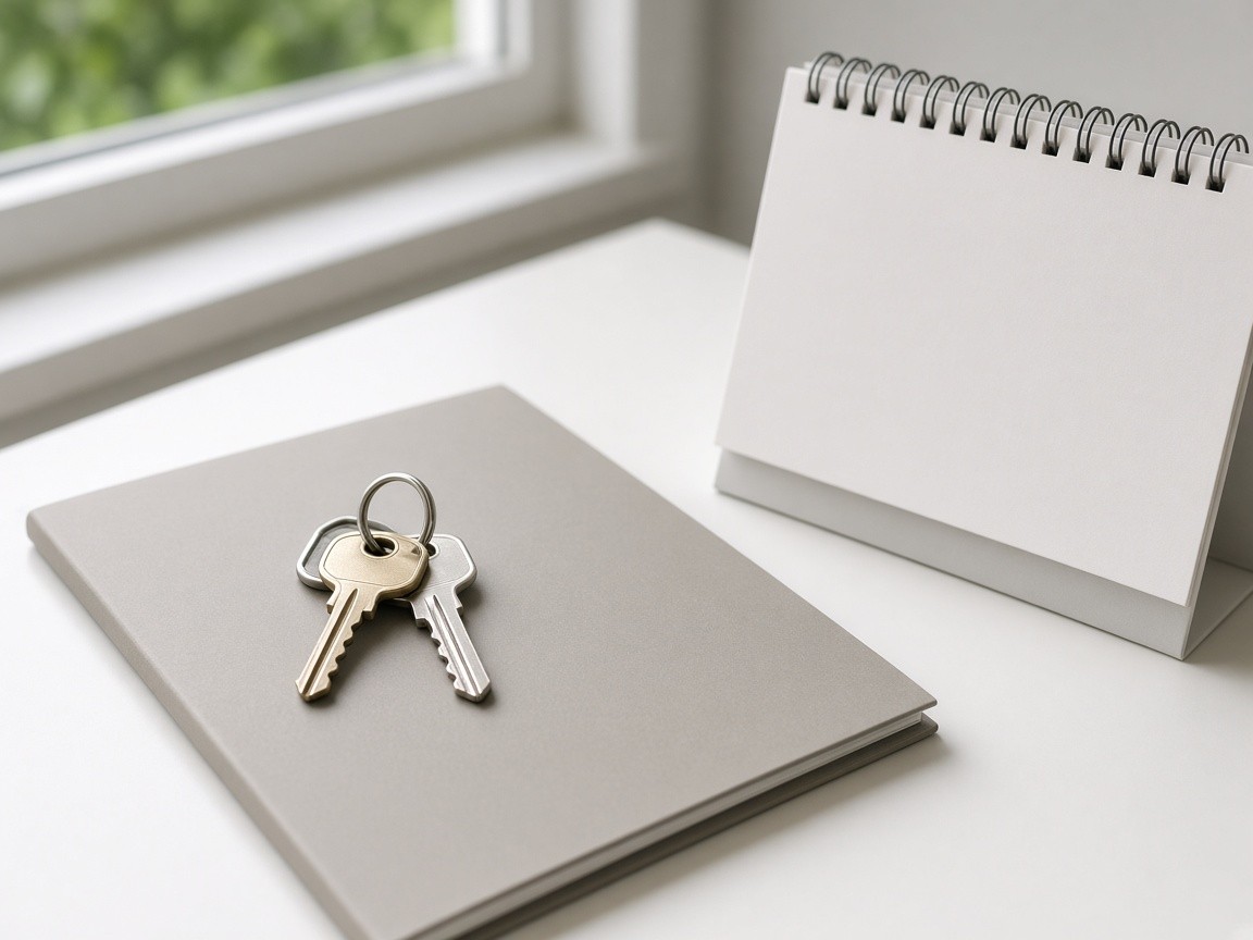 House keys on a closed folder beside a blank desk calendar representing the remaining term of a leasehold interest