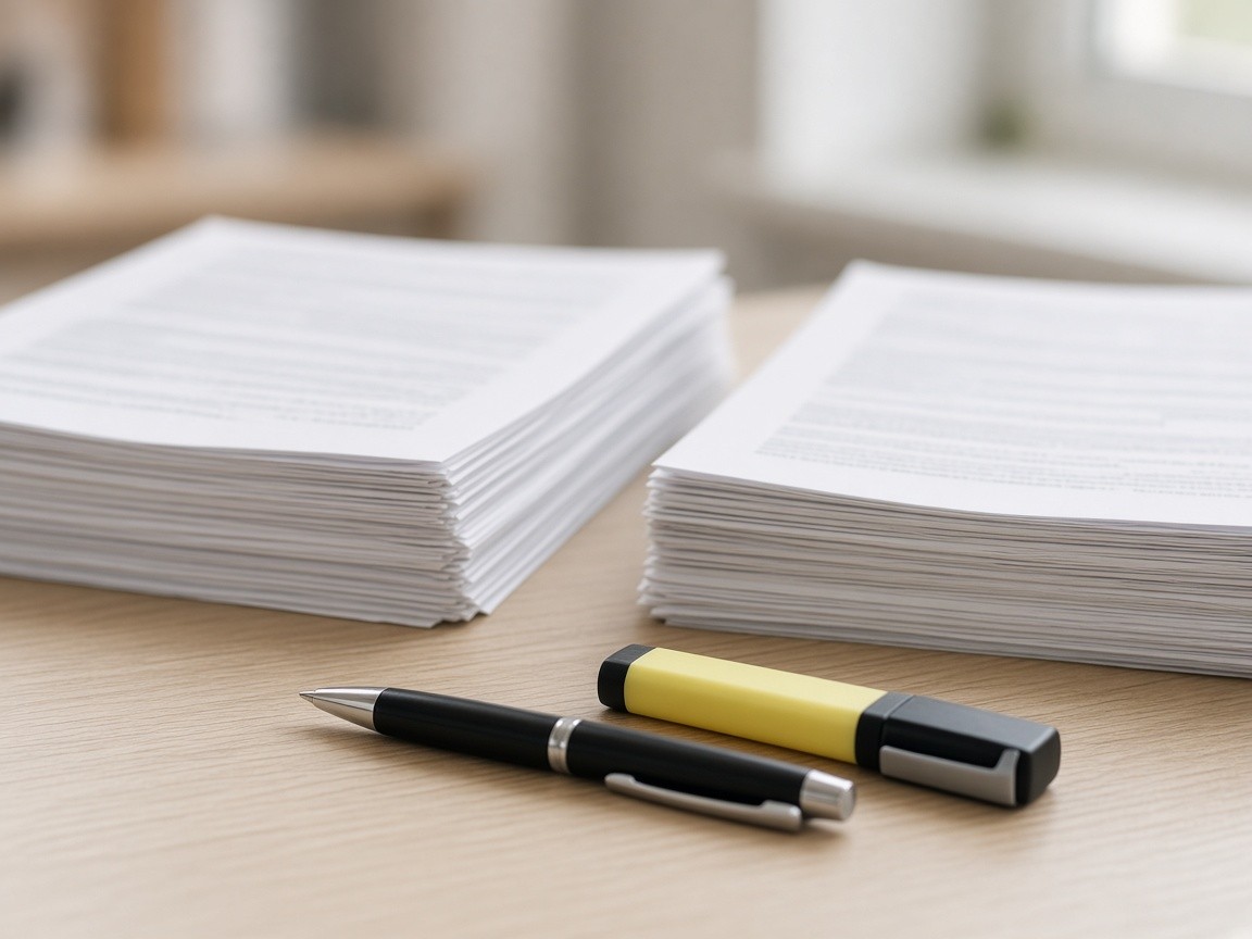 Stacks of lease and leasehold title documents with a pen and highlighter on a desk for a Calgary equity review