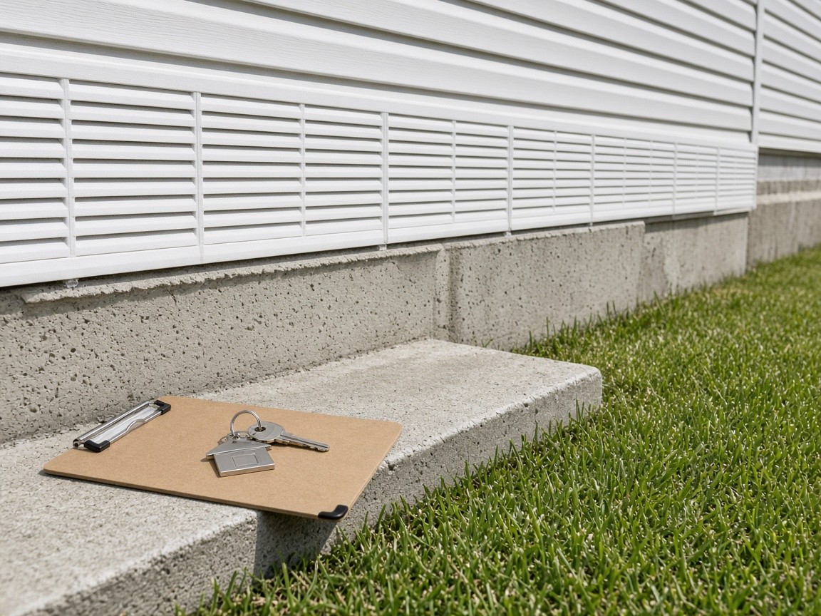 Manufactured home skirting and permanent concrete foundation on an owned lot, with house keys on a clipboard