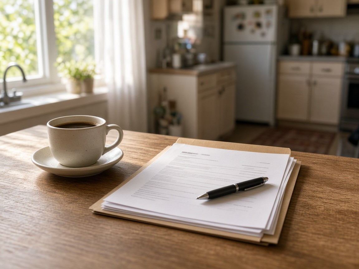 Land title, purchase and installation papers for a manufactured home on a kitchen table before a Calgary second mortgage review