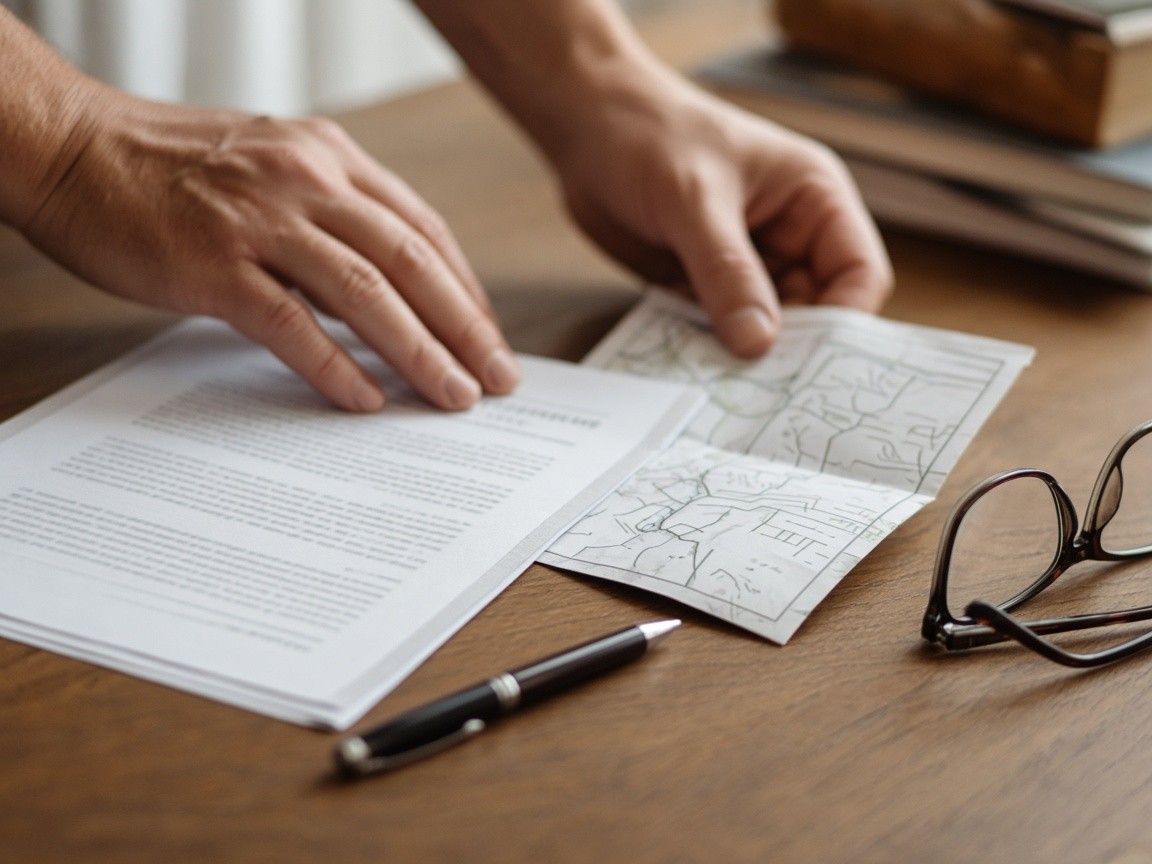Homeowner's hands reviewing a land title and survey plan for a registered utility right of way before a Calgary second mortgage