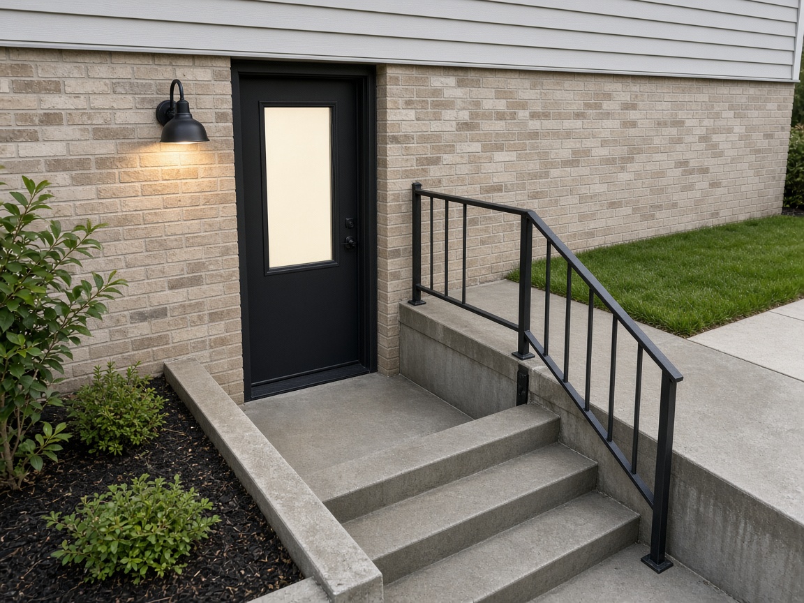Separate exterior entrance with steps and a railing leading down to a legal basement suite in a Calgary home