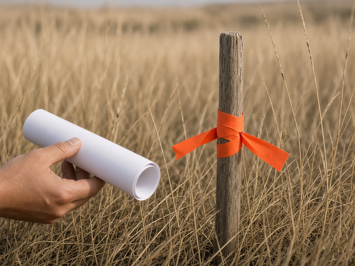 Survey stake with orange flagging tape in tall grass beside a hand holding a rolled land plan for a bare land appraisal