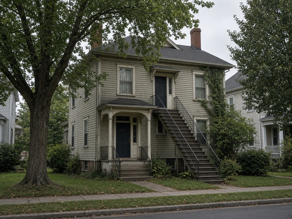 Up-and-down duplex with a ground-floor entrance for the lower unit and an exterior staircase to the upper unit's door