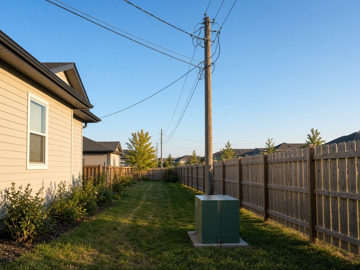 Utility pole, overhead lines and a utility box along a grassy right of way strip beside a Calgary home