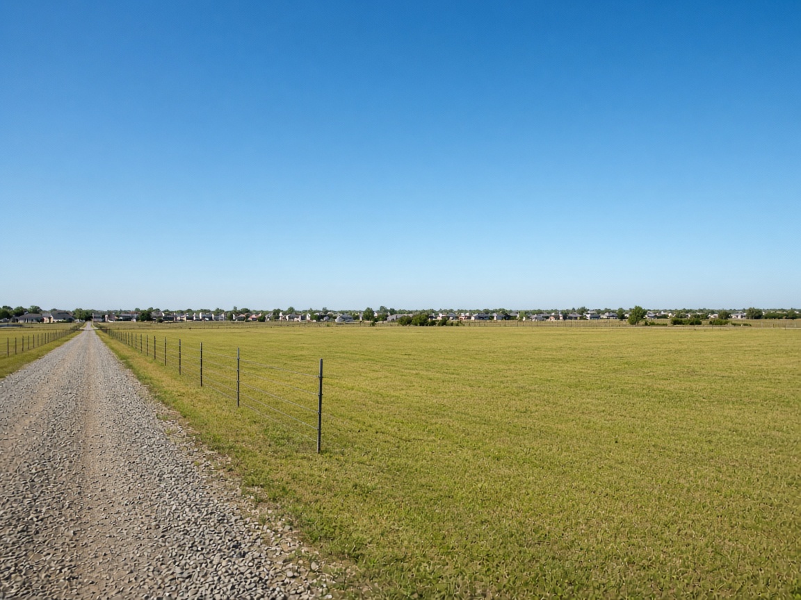 Vacant grassy parcel with a gravel access road and wire fence on the edge of the Calgary area, with no buildings on the land